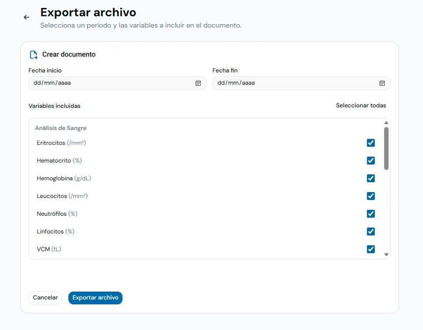 Pantalla de Cronia para exportar un reporte clínico en PDF con valores y tendencias
