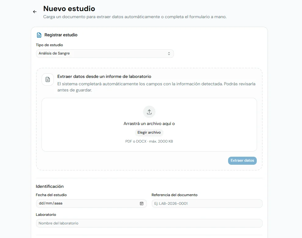 Pantalla de Cronia para subir un documento de laboratorio y extraer valores automáticamente